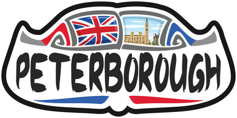 Peterborough UK United Kingdom Flag Travel Souvenir Sticker Skyline Landmark Logo Badge Stamp Seal Emblem Coat of Arms Vector Illustration SVG EPS