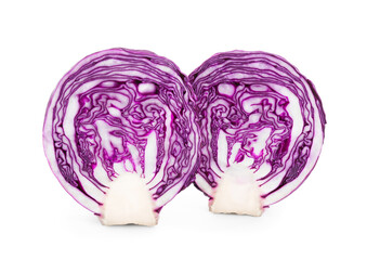 Halves of fresh red cabbage on white background