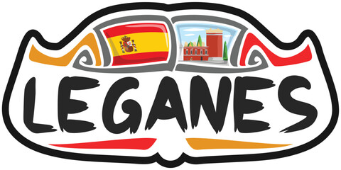 Leganes Spain Flag Travel Souvenir Sticker Skyline Landmark Logo Badge Stamp Seal Emblem Coat of Arms Vector Illustration SVG EPS