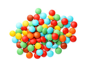 Tasty colorful candies isolated on white, top view