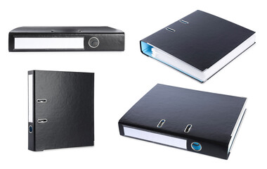 Set with black office folders on white background