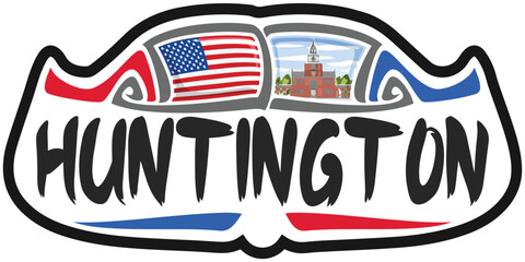 Huntington USA United States Flag Travel Souvenir Sticker Skyline Landmark Logo Badge Stamp Seal Emblem Coat of Arms Vector Illustration SVG EPS