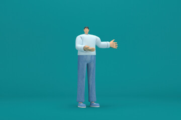 cartoon character wearing jeans and  long shirt. He is expression  of body and hand when talking. 3d rendering in acting.