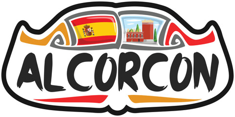 Alcorcon Spain Flag Travel Souvenir Sticker Skyline Landmark Logo Badge Stamp Seal Emblem Coat of Arms Vector Illustration SVG EPS