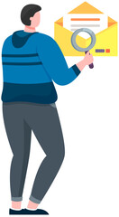 Man with newsletter, digital envelope. Online mailing, electronic publication. Person receives email via internet. Virtual correspondence concept. Communication via electronic mail, chatting