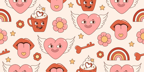 Groovy hippie Valentines Day seamless pattern. With retro cartoon characters and elements. Trendy 70s style
