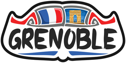 Grenoble France Flag Travel Souvenir Sticker Skyline Landmark Logo Badge Stamp Seal Emblem Coat of Arms Vector Illustration SVG EPS