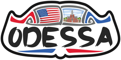 Odessa USA United States Flag Travel Souvenir Sticker Skyline Landmark Logo Badge Stamp Seal Emblem Coat of Arms Vector Illustration SVG EPS