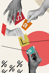 Collage photo poster of slogan sale shopping letters diversity hands hold low percent proposition...