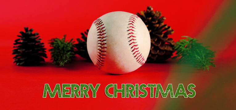 Christmas baseball banner with red background and green text for holiday.