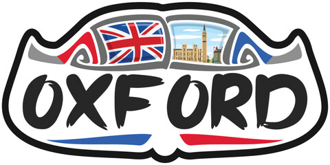 Oxford UK United Kingdom Flag Travel Souvenir Sticker Skyline Landmark Logo Badge Stamp Seal Emblem Coat of Arms Vector Illustration SVG EPS