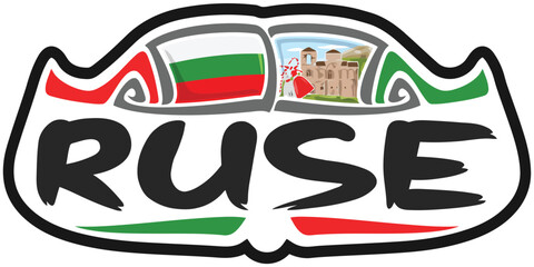 Ruse Bulgaria Flag Travel Souvenir Sticker Skyline Landmark Logo Badge Stamp Seal Emblem Coat of Arms Vector Illustration SVG EPS