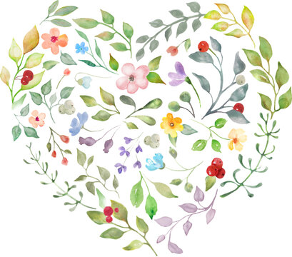 Heart made of watercolor floral.  Valentine's Day card. Hand drawn  illustration isolated on white background. For packaging,  wrapping design or print.