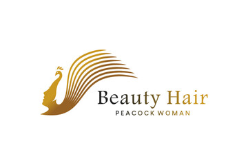 Hair care or beauty hair salon logo design with the concept of blending a woman's face and a peacock
