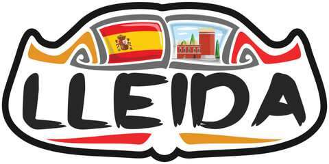 Lleida Spain Flag Travel Souvenir Sticker Skyline Landmark Logo Badge Stamp Seal Emblem Coat of Arms Vector Illustration SVG EPS