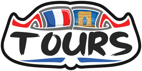 Tours France Flag Travel Souvenir Sticker Skyline Landmark Logo Badge Stamp Seal Emblem Coat of Arms Vector Illustration SVG EPS