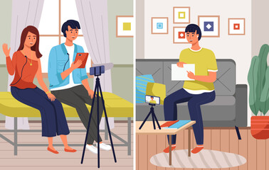 Bloggers man and woman recording video for blog. Video call podcast concept. People with smartphone talking to friend on screen at online meeting. Distance learning at educational platform with tablet