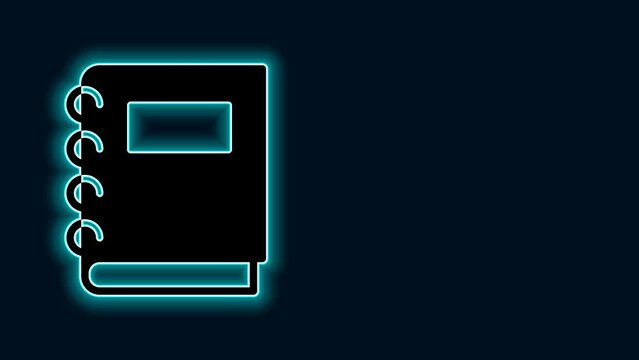 Glowing neon line Notebook icon isolated on black background. Spiral notepad icon. School notebook. Writing pad. Diary for school. 4K Video motion graphic animation
