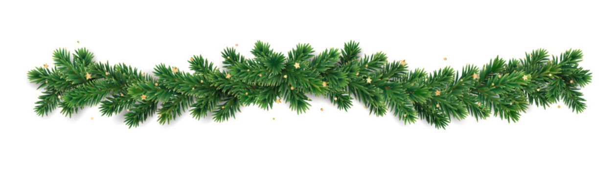 Christmas tree garland isolated on white. Realistic pine tree branches with golden confetti decoration.