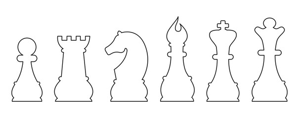 Outline chess game pieces, figures set. Logical tactical turn-based game, chess tournament, sport game, hobby and interests, highly intellectual occupation. Vector illustration isolated.
