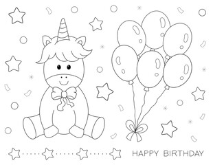 happy birthday coloring page for kids. unicorn and balloons. you can print it on standard 8.5x11 inch paper