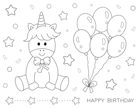 happy birthday coloring page for kids. unicorn and balloons. you can print it on standard 8.5x11 inch paper