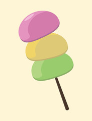 Japanese dessert mochi with different flavor on chopstick.
