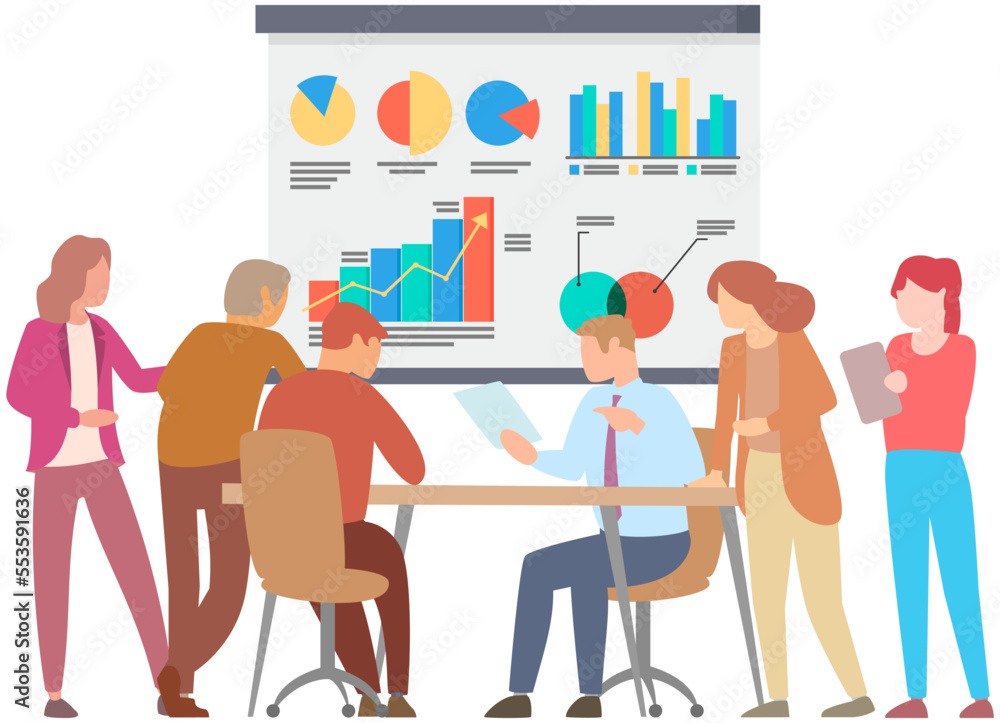 Poster manager makes presentation of statistical report analysis charts. planning business. teamwork consul
