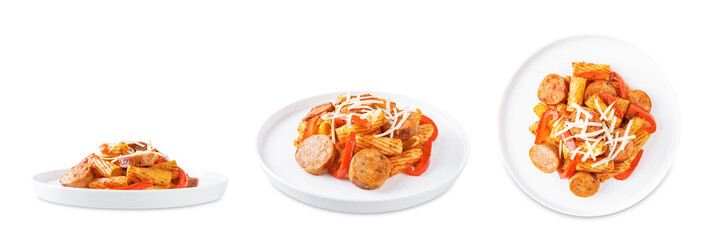 Meat sausage tomato sauce pasta on a white isolated background