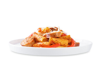 Meat sausage tomato sauce pasta on a white isolated background