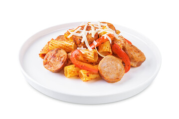 Meat sausage tomato sauce pasta on a white isolated background