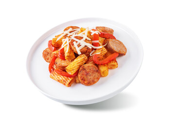 Meat sausage tomato sauce pasta on a white isolated background