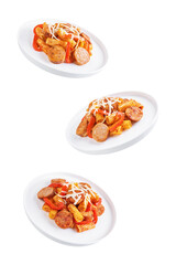 Meat sausage tomato sauce pasta on a white isolated background