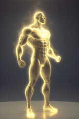 A male being made of light in  hero pose. Glowing translucent muscular body filled with light.