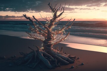 Driftwood christmas tree decorated with lights on the beach in summer. Xmas in Australia.