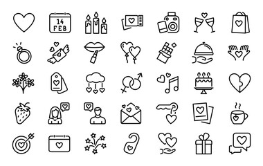 Set of 35 Valentine's Day icons in line style. Love, couple, gift, ring, flowers. Vector illustration.