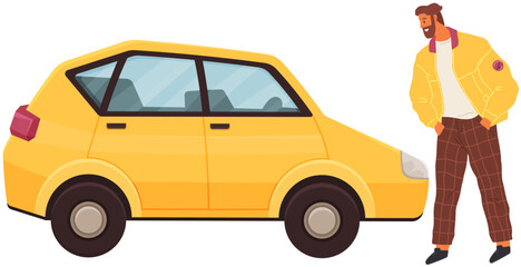 Naklejka premium Presentation of new automobile, man looking at small yellow car. Motor road and off-road vehicle used for transport of people and goods. Client is considering offer at trade show or car showroom
