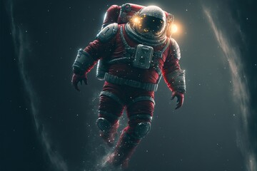 Fototapeta na wymiar Santa Claus astronaut floating in space. Christmas sci-fi concept.