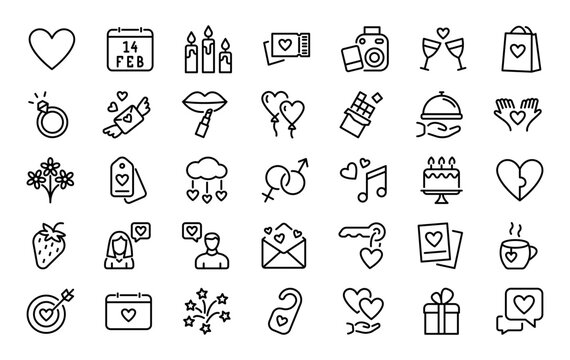 Set of 35 Valentine's Day icons in line style. Love, couple, gift, ring, flowers. Vector illustration.