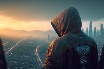 Dark hooded figure stands on hill overlooking dystopic city in the future