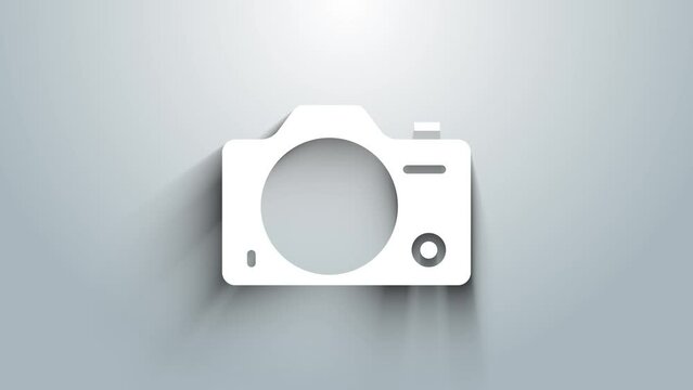 White Photo camera icon isolated on grey background. Foto camera. Digital photography. 4K Video motion graphic animation