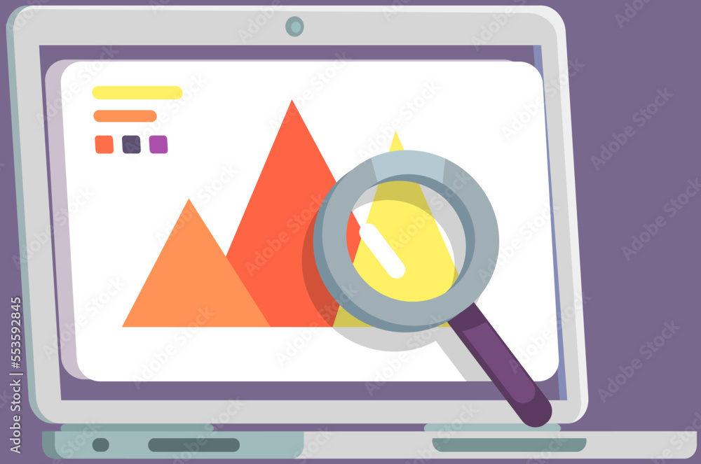 Poster financial accounting and work with statistic app with computer. business process diagram and magnifi