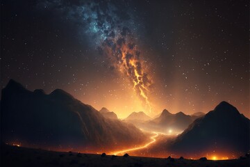 Mountain landscape scenery on starry night with cosmic nebula above mountains