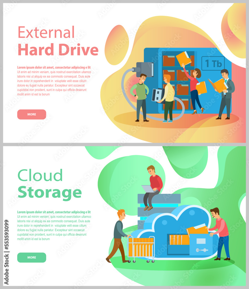 Poster external hard disk drive, cloud storage landing page template. portable extern hdd. memory drive vec