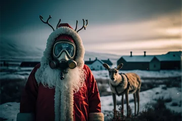 Tuinposter Santa Claus in hazmat suit and gas mask in the Norwegian wilderness. Dystopic and post-apocalyptic concept art. © Henry Letham