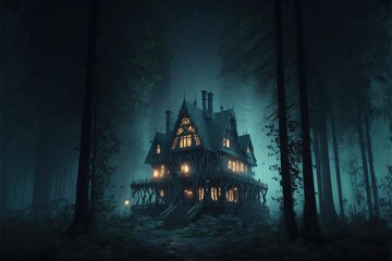 Scary haunted house in the dark forest. Halloween concept. - obrazy, fototapety, plakaty