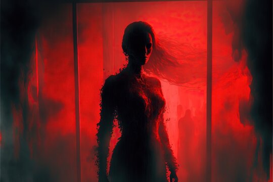 Shadow of woman on the red gfrosted lass representing danger, fear, help, haunting, horror