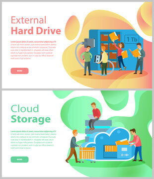 External hard disk drive, cloud storage landing page template. Portable extern HDD. Memory drive vector illustration. Online storage of data on network on servers, modern technologies, digital devices