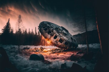 UFO crash landing in winter wilderness landscape