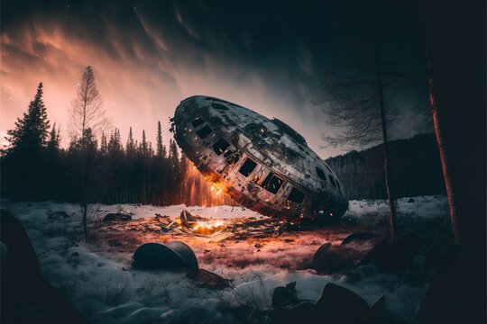 UFO crash landing in winter wilderness landscape